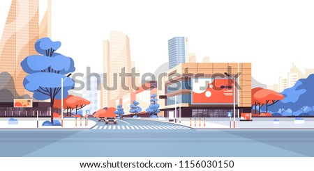 City street road skyscraper buildings view modern cityscape downtown billboard advertising horizontal flat vector illustration