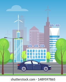 City street, road with trees and greenery. Car riding along skyscrapers and buildings, contemporary megapolis skyline, cityscape infrastructure. Vector illustration in flat cartoon style
