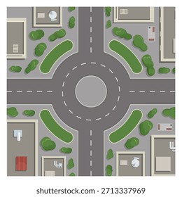 Una calle de la ciudad con una intersección redonda y una mediana verde