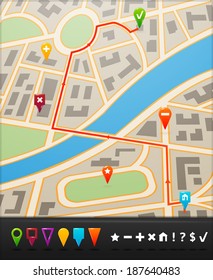 City street route map with navigation icons and  symbols vector illustration
