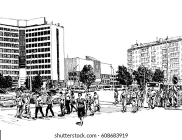 City street scene with buildings, cars and pedestrians. Black and white dashed style sketch, line art, drawing with pen and ink.