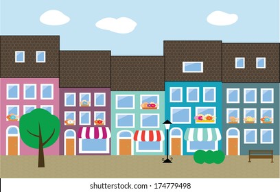 City Street Scene with colorful houses