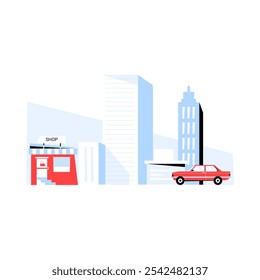 Cena De Rua Da Cidade Com Pequena Loja E Carro Em Frente A Edifícios Modernos Da Cidade, Ilustração De Vetor Plano Simbolizando Estilo De Vida Urbano E Comércio, Isolado Em Fundo Branco.