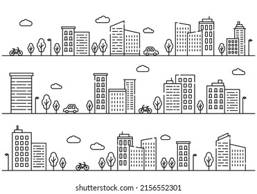 City Street Scenery Buildings, Roads, Trees, Cars, Bicycles, Vector Design