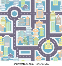 City street seamless pattern. Public buildings and skyscrapers. Cute ornament houses and roads for childrens fabric. Large urban background. baby vehicle pattern. Texture of town.
