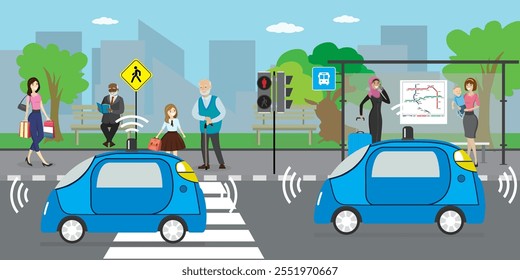 Calle de la ciudad y coches de conducción autónoma en la carretera, parada de transporte público, varias personas van y se paran, concepto de vida urbana futurista, Ilustración vectorial plana al aire libre