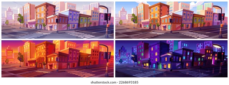 City street set at night and day time cartoon landscape. Urban modern landscape background with intersection on road, pavement and sidewalk. Neon light from store at sunrise and dusk.