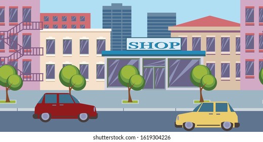 City street. Shop and houses. Seamless pattern. Vector illustration.