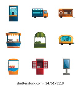 City street shop icon set. Cartoon set of 9 city street shop vector icons for web design isolated on white background