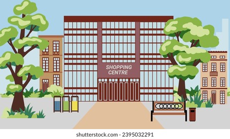 City street with a shopping center and old houses surrounded by trees. In front of the supermarket, there is a road with a bench and bins for separate garbage. Illustration in a flat style.