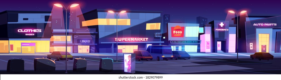 City street with shops and commercial buildings at night. Vector cartoon cityscape with cafe, library, pharmacy, supermarket and parking with cars lit by street lights. Evening town with stores