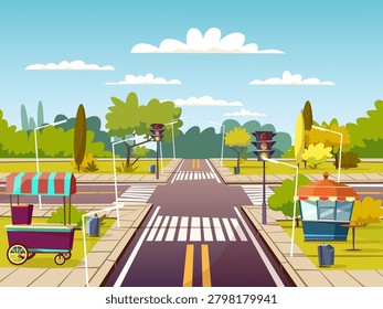 City street sidewalks vector illustration of urban road with street food vendor cart and booth. Cartoon flat background design of stoplight on lane with marking and pedestrian crossing or crosswalk