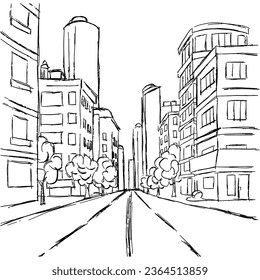 City street sketch. Hand drawn graphic street of city in black color. Vector illustration.