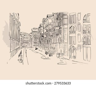  city street sketch. Vector hand-drawn background. Line drawing clipart