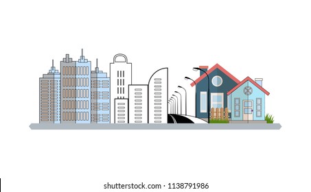 City Street Skyscraper Buildings Road View Modern Cityscape Empty Downtown Flat Vector Illustration.