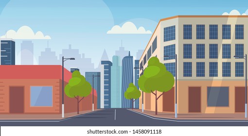 city street skyscraper buildings road view empty no people downtown cityscape background flat horizontal