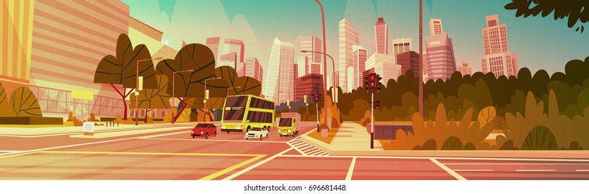 City Street Skyscraper Buildings Road View Modern Cityscape Singapore Downtown Flat Vector Illustration