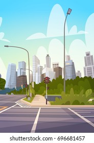 City Street Skyscraper Buildings Road View Modern Cityscape Empty Downtown Flat Vector Illustration