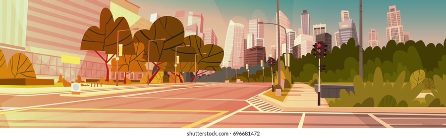 City Street Skyscraper Buildings Road View Modern Cityscape Empty Downtown Flat Vector Illustration