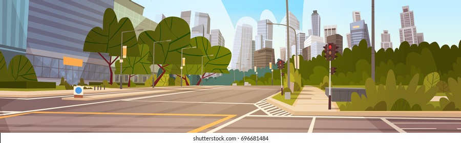 City Street Skyscraper Buildings Road View Modern Cityscape Empty Downtown Flat Vector Illustration