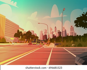 City Street Skyscraper Buildings Road View Modern Cityscape Singapore Downtown Flat Vector Illustration