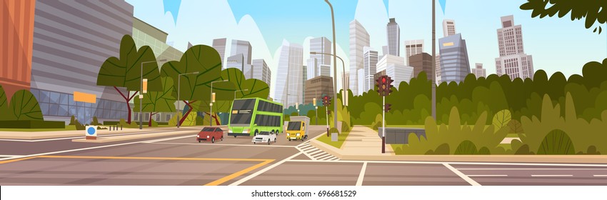 City Street Skyscraper Buildings Road View Modern Cityscape Singapore Downtown Flat Vector Illustration