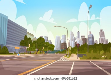 City Street Skyscraper Buildings Road View Modern Cityscape Empty Downtown Flat Vector Illustration