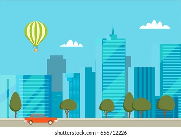 City street with skyscraper, cityscape vector background illustration 