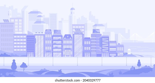 City street with skyscrapers, apartments and office buildings with park and rever bridge horizontal background. Abstract urban architecture modern cityscape panorama. Vector illustration in flat style