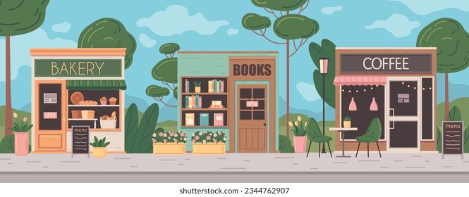 City street with small business facades bakery book and coffee shops flat vector illustration