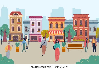 City Street Small Town Walk Building People Walking Abstract Concept. Vector Graphic Design Illustration
