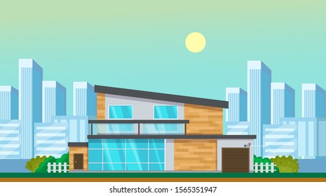 City street with smart houses building cartoon facades. Urban landscape vector illustration