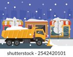 City Street Snow Removal Scene with Snowplow Truck during Winter Storm 2d flat vector illustrations