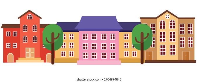 City street of solid houses and trees standing in a line on a white background, vector illustration,