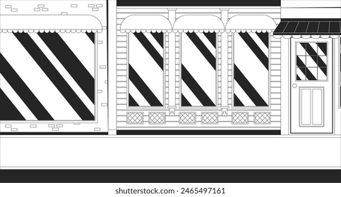 City street with store black and white line illustration. Buildings facades. Empty main street of small town 2D cityscape monochrome background. Storefront windows outline scene vector image