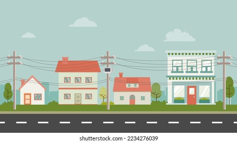 City street and store buildings with Power pole vector illustration. Urban and town landscape. Cute House in country with nature landscape 