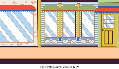 City street with store cartoon flat illustration. Buildings facades. Empty main street of small town 2D line cityscape colorful background. Storefront windows scene vector storytelling image