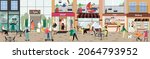 City street with stores, cafe, bakery, coffee shop, spa salon buildings and visitors, shoppers, flat vector illustration