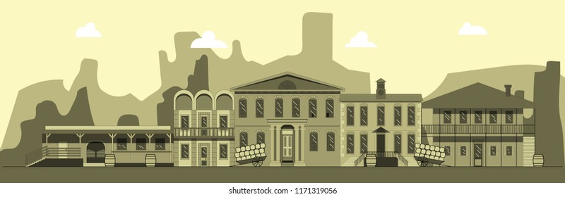 City street in style of wild west. Building, tavern bank and other buildings on background of mountains. Illustration in style of flat