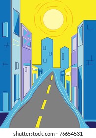 City street in summer with tall buildings, sky-scrappers and road running through designed in abstract style in blue, lilac and yellow