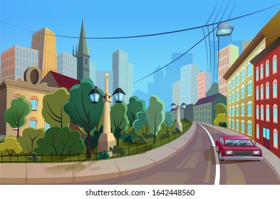 City street in summer vector illustration. Cartoon flat panoramic urban cityscape with winding curve road, car transport on roadway, classic colorful houses facade. Summertime streetscape background