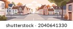 City street at sunset in summer. Town panorama with road, sidewalk, houses in urban residential district. Empty cityscape background with buildings, trees and skyline. Colored flat vector illustration