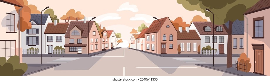 City street at sunset in summer  Town panorama and road  sidewalk  houses in urban residential district  Empty cityscape background and buildings  trees   skyline  Colored flat vector illustration