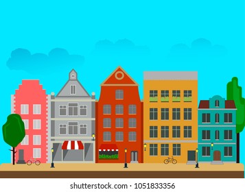 City street with tall buildings made in a flat style.