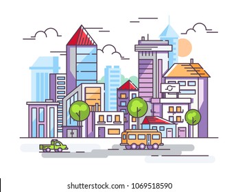 City street with tall houses and cars. Urban infrastructure in a linear style. Vector illustration