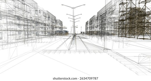A city street with a tall pole in the middle. The street is empty and the buildings are tall