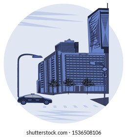 City street - Taxi, abstract modern buildings, street lamp - round icon - isolated on white background - art, vector.