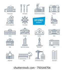 City street thin line icons, pictogram and symbol set. Icons for city landscapes. Industrial and residential buildings, city transport, parks, monuments, fountains, architecture. Vector illustration.