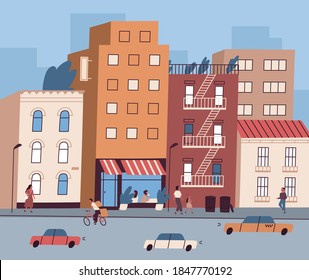 City street with tiny people walking and sitting in cafe and cars on the road. Cityscape with residential buildings view. Colorful urban downtown, landscape. Flat vector cartoon illustration