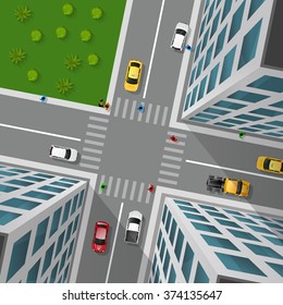 City street top view 3d design concept with crossroad cars buildings and markings of pedestrian crossings vector illustration 